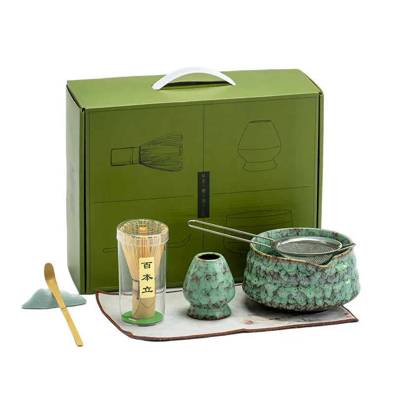 Japanese style matcha bowl set 7-piece gift box with bamboo whisk stand and ceramic bowl in cherry blossom blue