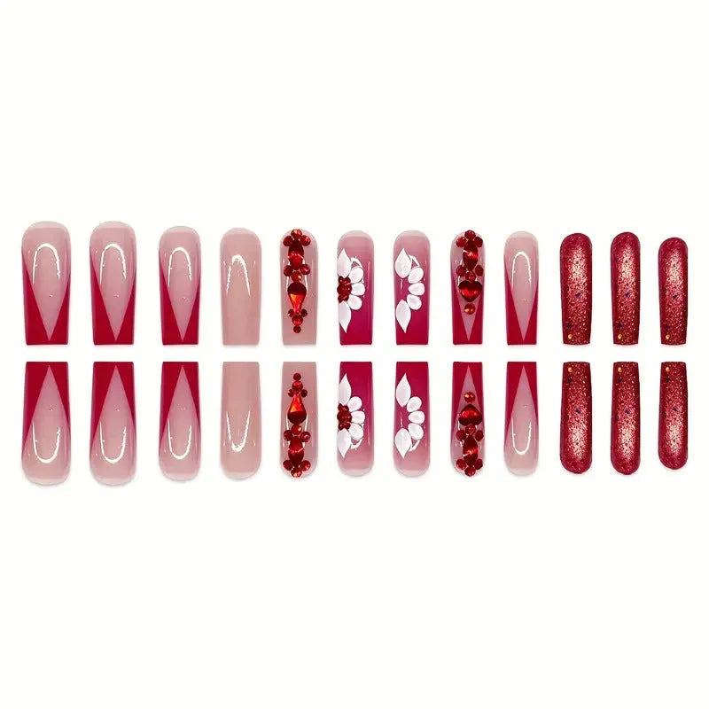 Sweet floral pattern fake nails with red diamond accents in European square long shape