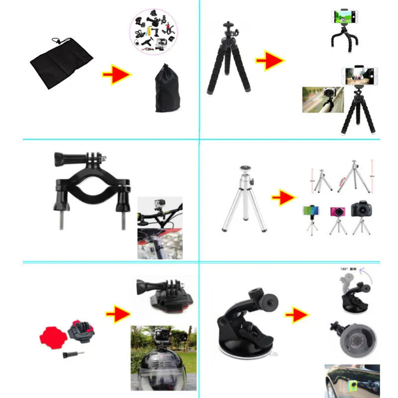 Black sports camera accessories set with storage bag, helmet mount, chest strap, selfie stick, and tripod