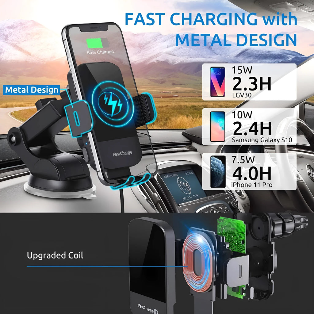 Black 15W wireless charging stand for cars with dashboard, air vent, and bare metal mounting options