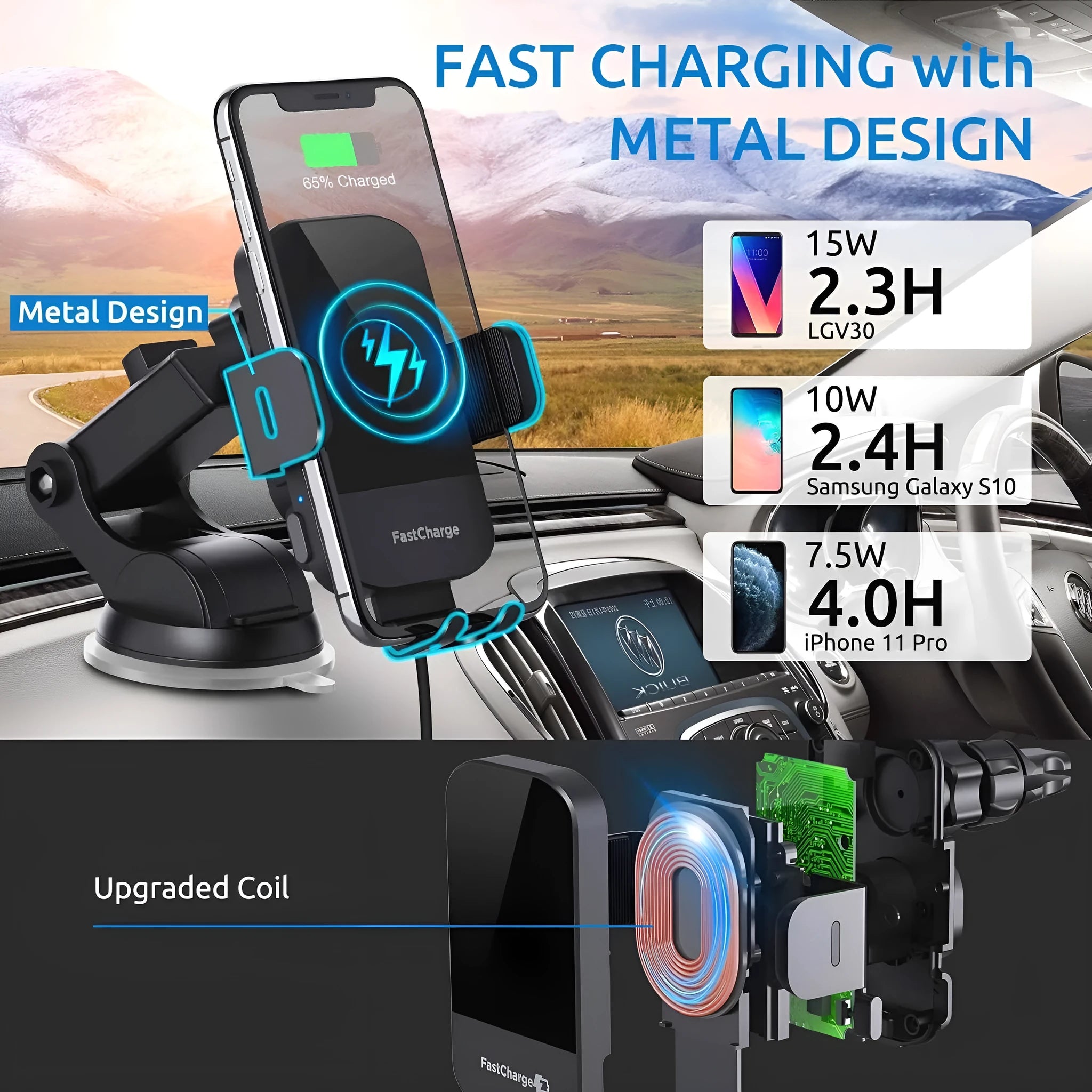 Black 15W wireless charging stand for cars with dashboard, air vent, and bare metal mounting options