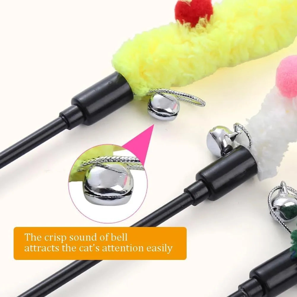 Blue interactive cat wand toy with a long plush strip and fluffy bell ball.