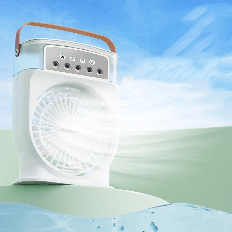 Portable USB air conditioner cooling fan with 7 colour LED lights and 600ml water tank in white