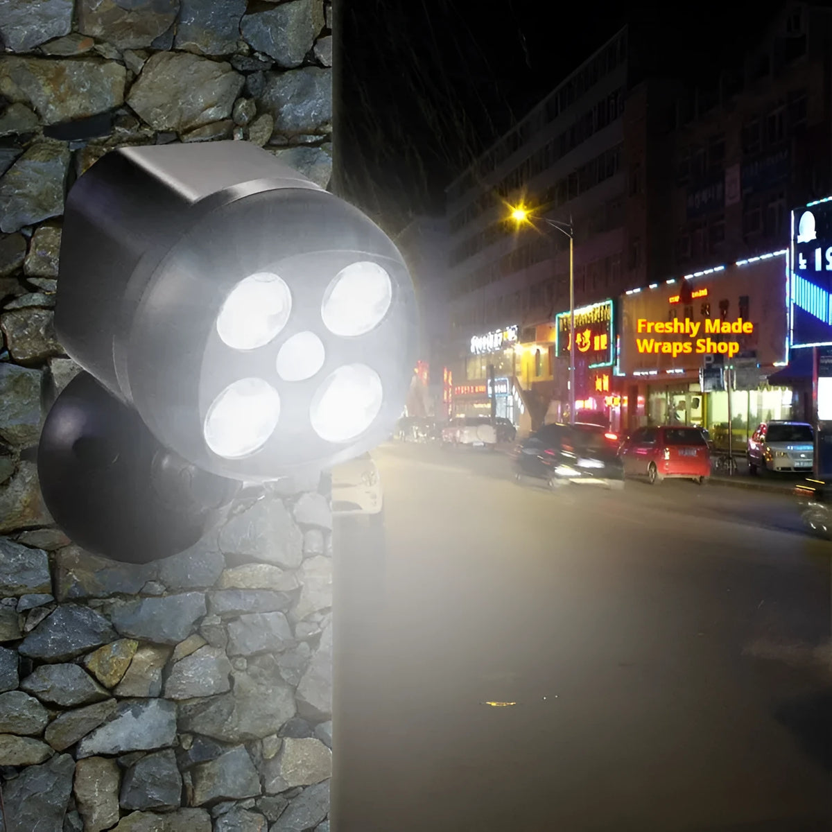 Owl-shaped garage light with 4LED motion sensor in black plastic casing on ceiling