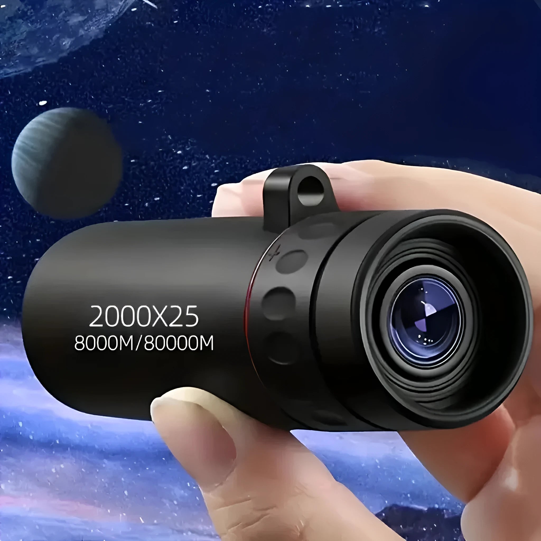 Black monocular telescope with mobile phone holder attached, showing compact single-tube design