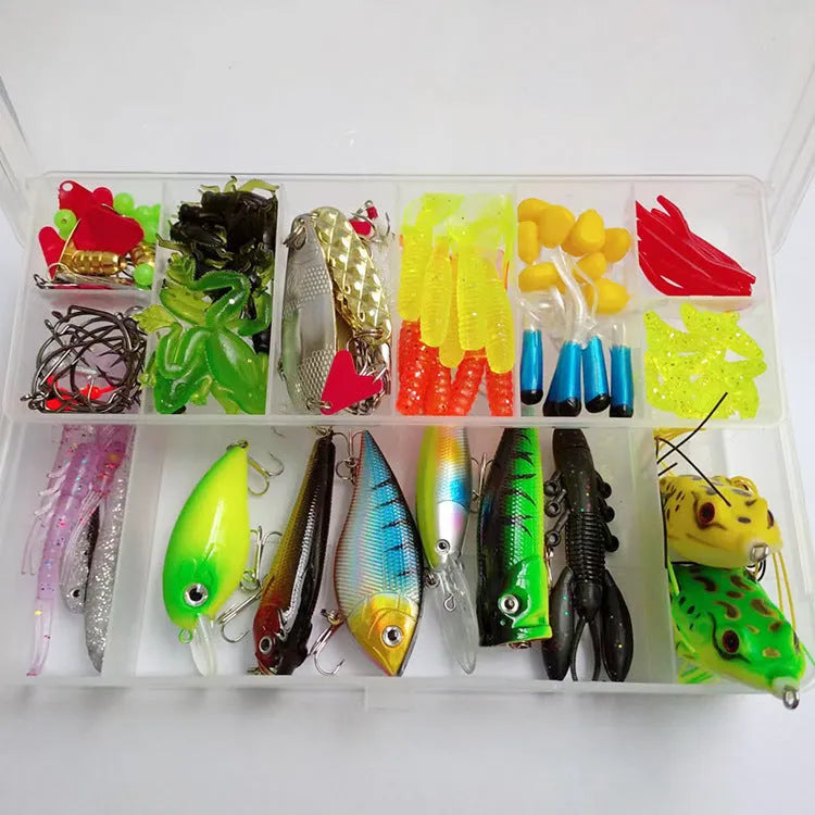142-piece fishing lure suit set showing hard minnow lures, sequins, hooks, and metal fishing pliers on a blue background.