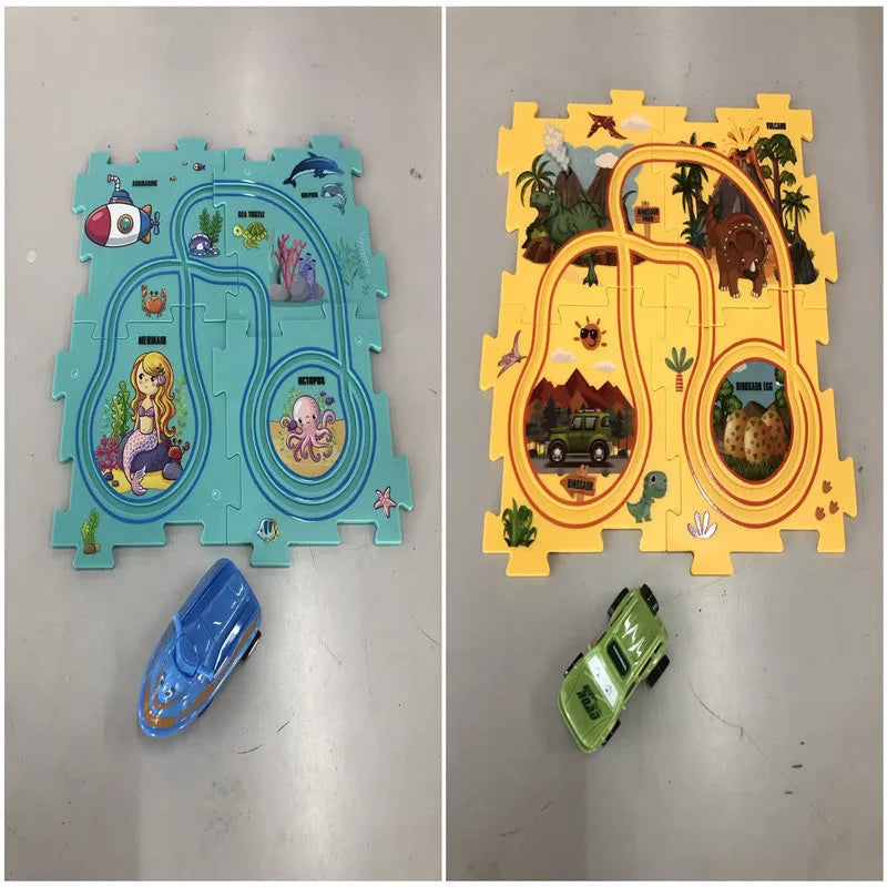 Children puzzle electric railroad speeder DIY assembly track set with automatic car and plastic pieces in multiple themes