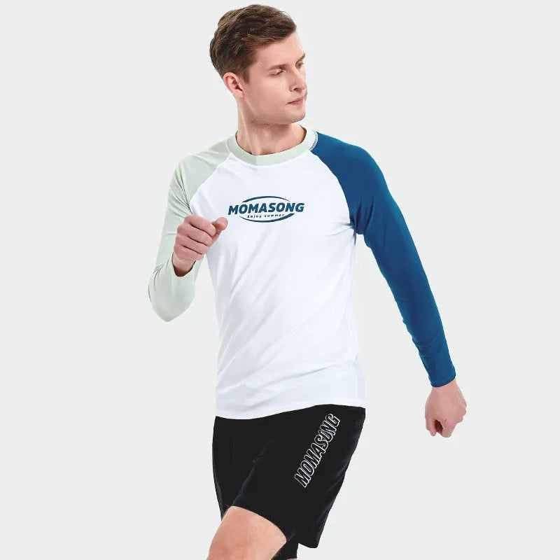 Men's white long sleeve swim shirt with matching beach trunks set for water sports