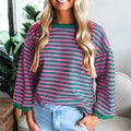 Striped crew neck long sleeve top for women loose fit polyester t-shirt in black