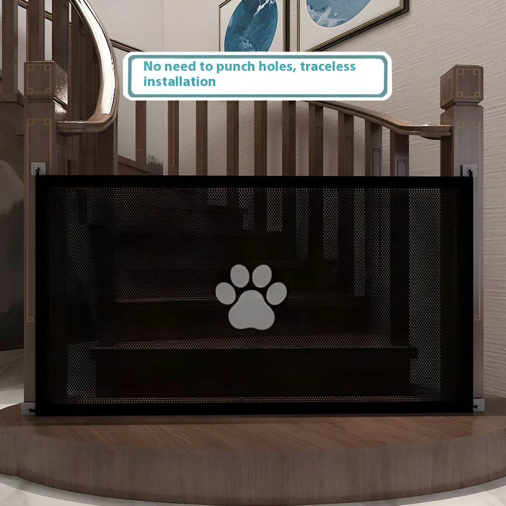 Portable folding dog barrier safety net fence with plastic support rods and pet doorsill design