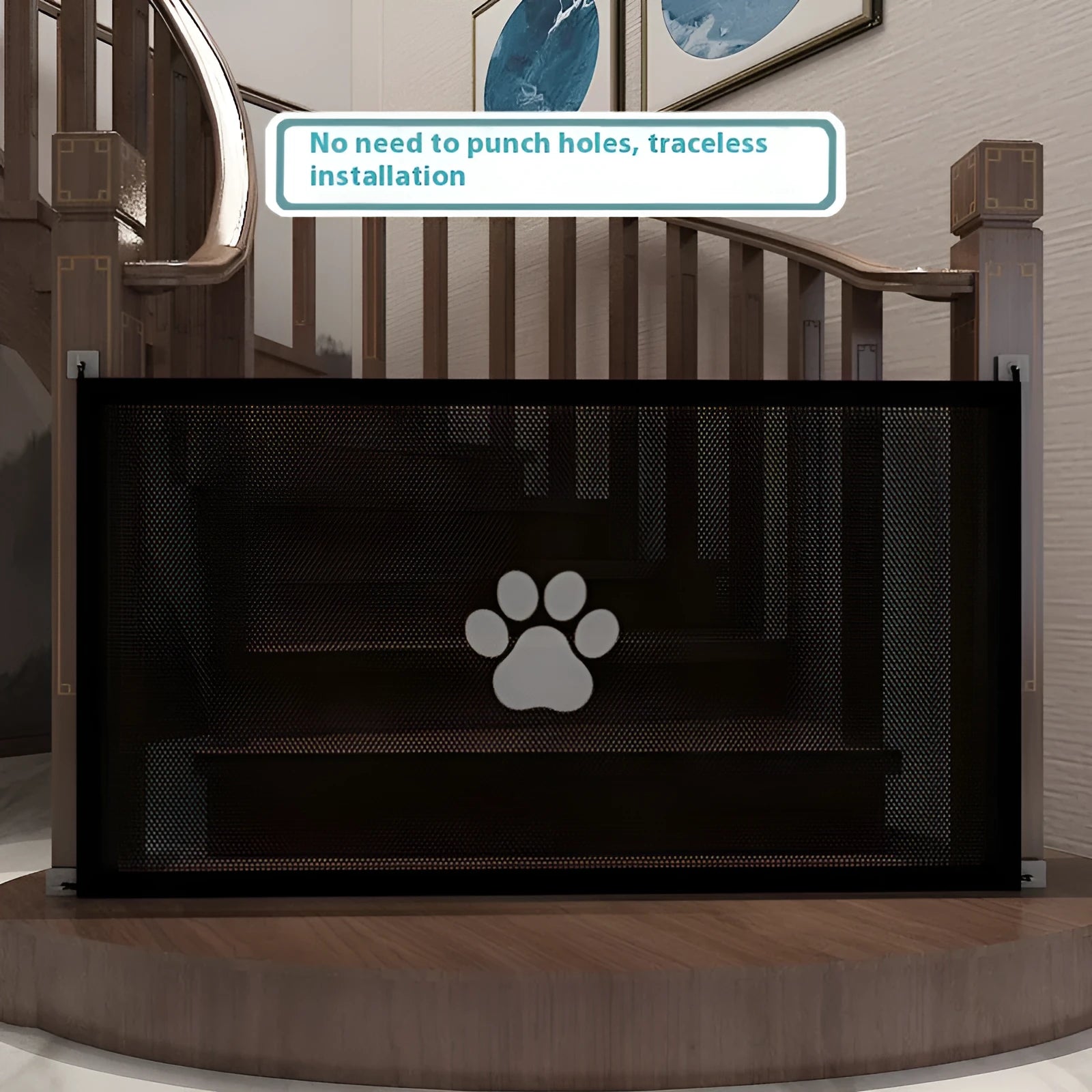 Portable folding dog barrier safety net fence with plastic support rods and pet doorsill design