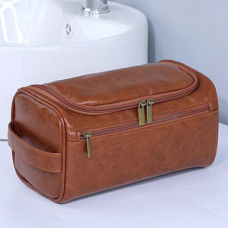 Large waterproof cosmetic bag in retro style, shown in brown PU leather and navy blue Oxford cloth options.