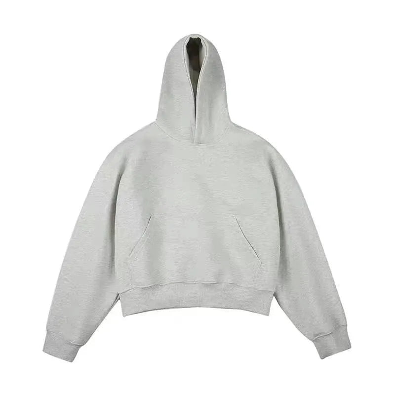 Dark grey Chinese cotton velvet hooded sweatshirt with a removable hood on a hanger.
