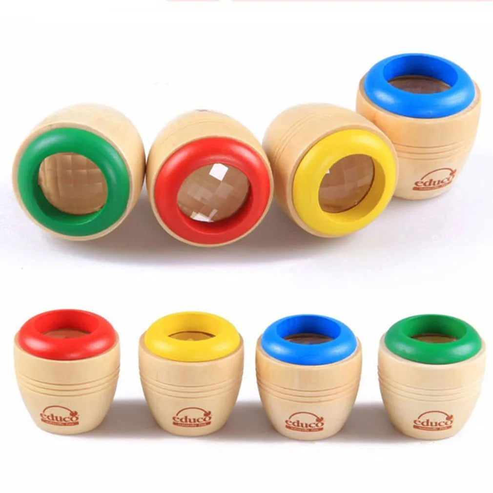 Wooden magic kaleidoscope with water-based paint, rotating effect, 5x5.5cm size, blue, green, red, yellow colours