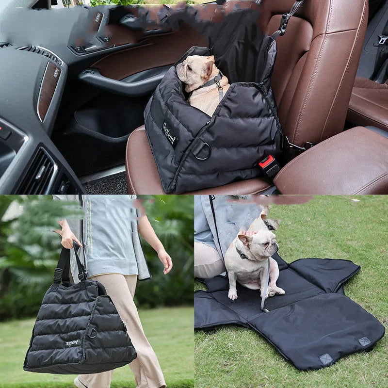 Black multifunctional pet car bag with clip-on strap and harness clip for dog travel safety