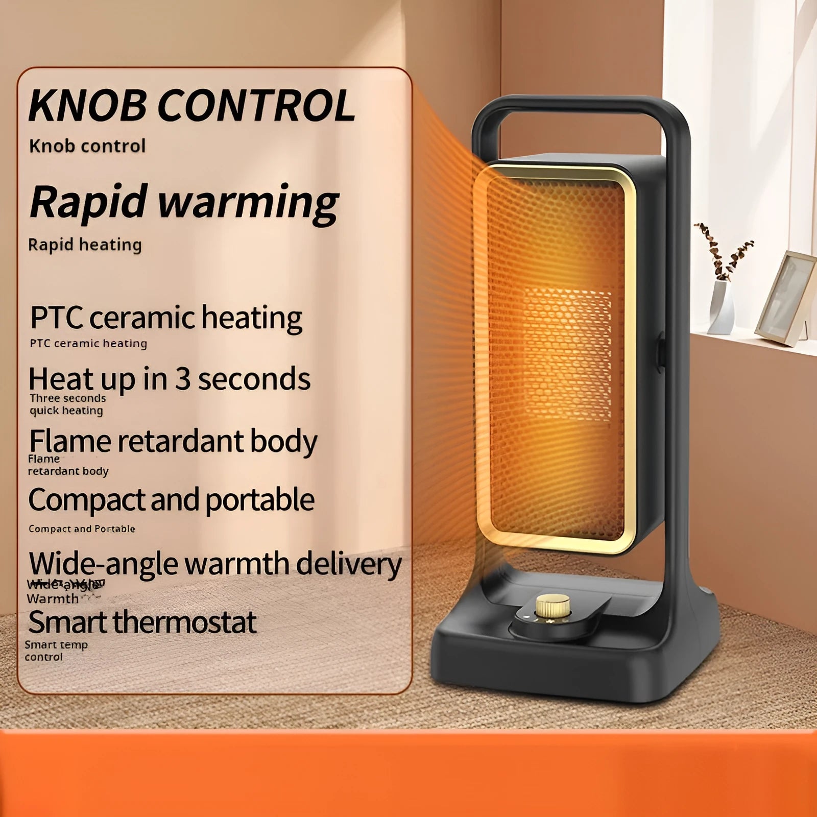 Black PTC ceramic desktop air heater with control knob showing compact dimensions