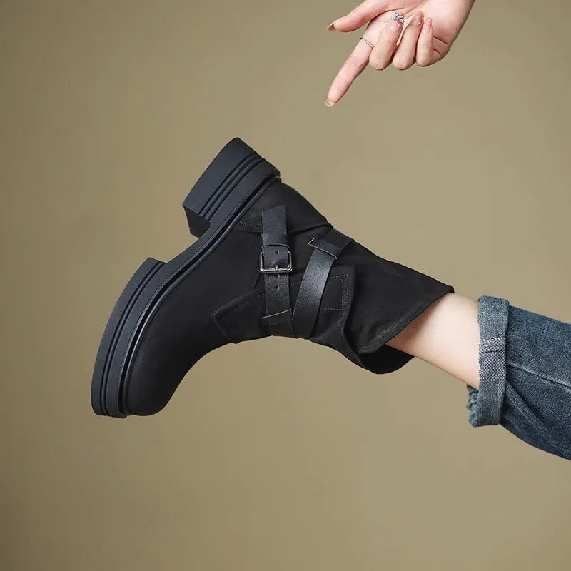 Brown retro British style ankle boots with platform heel and buckle detail for women