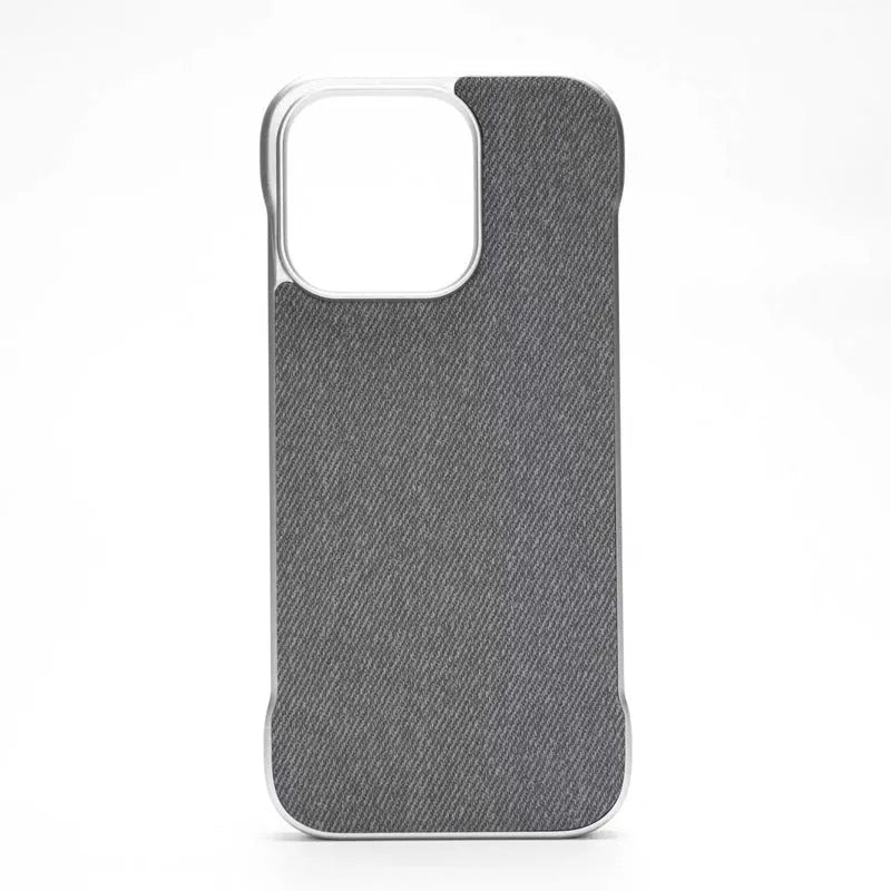 Imitation leather phone case with embossed hemp pattern, no border design, fits iPhone 14 to 16 Pro Max, available in multiple colours.