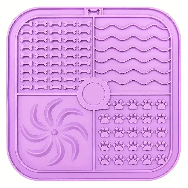 Bottom suction cup non-slip silicone pet slow food mat in gray, shown with a pet bowl on a tiled floor
