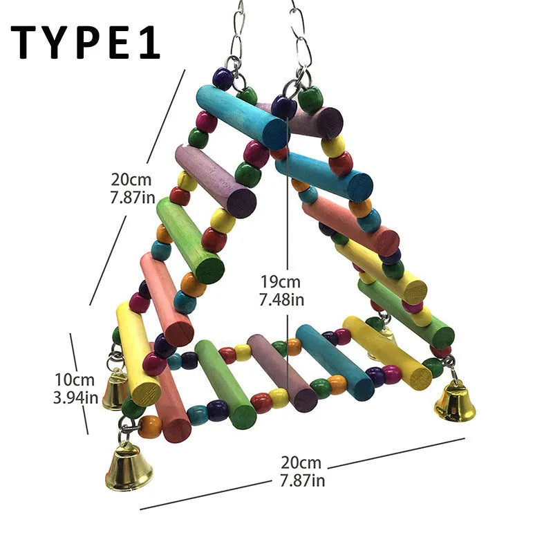 Parakeet bird toy amusement park swing stand with solid wood and metal accessories, 45x10cm