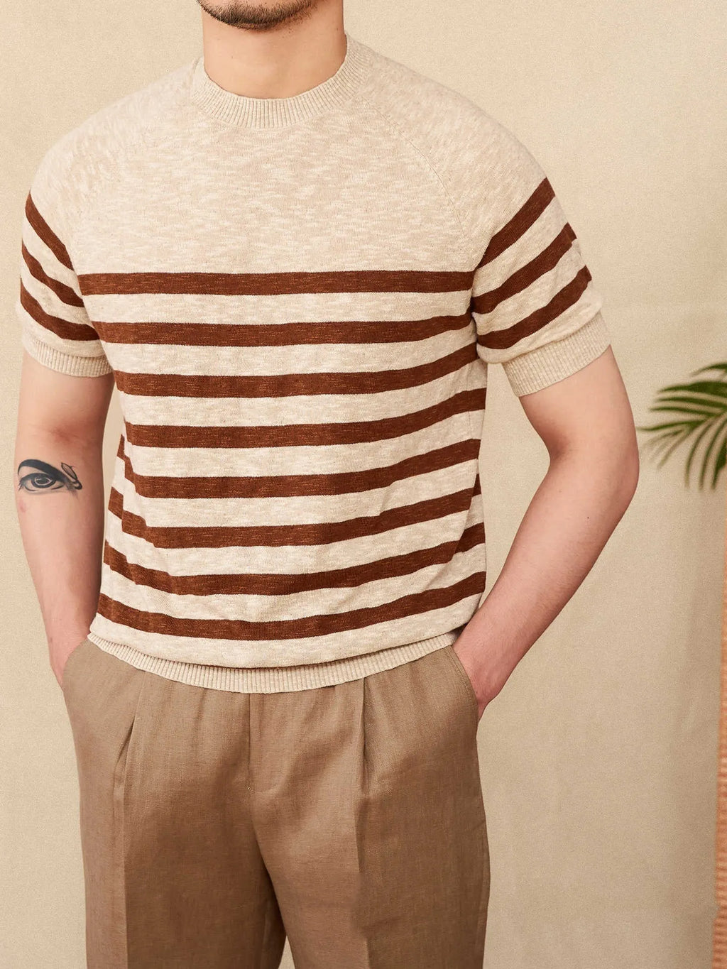Men's linen cotton blend striped t-shirt with short sleeves and round neck in multiple colour options