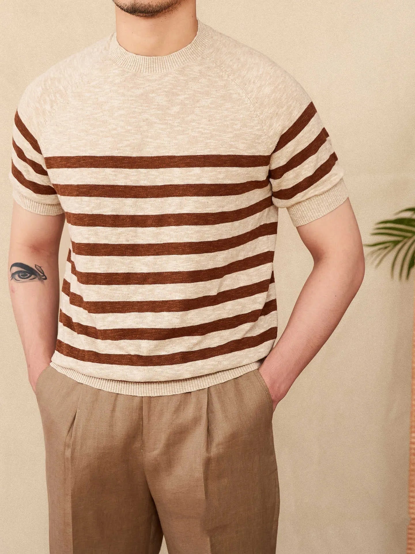 Men's linen cotton blend striped t-shirt with short sleeves and round neck in multiple colour options