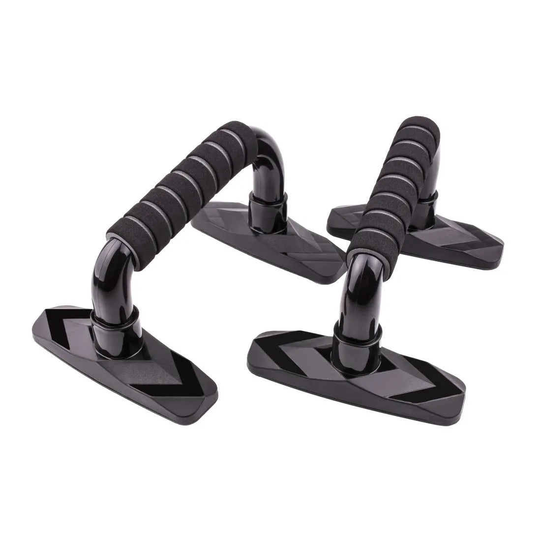 A pair of I-shaped black push up bars with textured PP sponge grip handles on a grey floor.