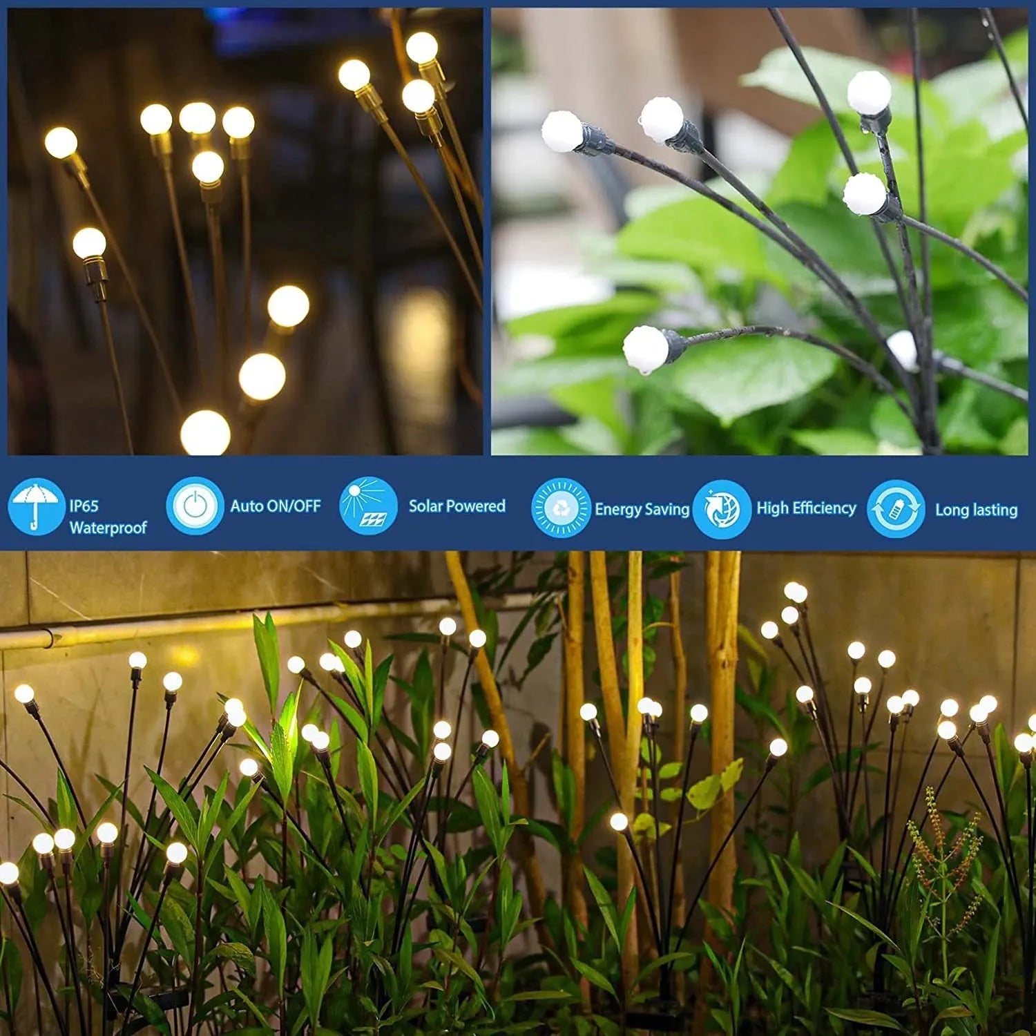 Solar-powered LED garden ground light with multiple light heads and a pneumatic foot pedal for installation.