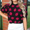 Women's high-grade printed casual knitted short sleeve top in black, slim fit, size S to XL.