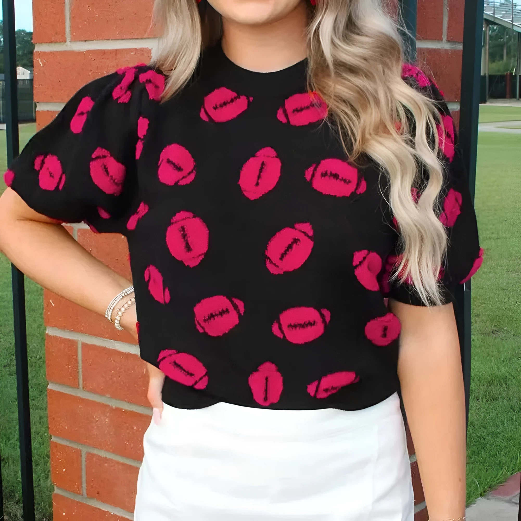 Women's high-grade printed casual knitted short sleeve top in black, slim fit, size S to XL.