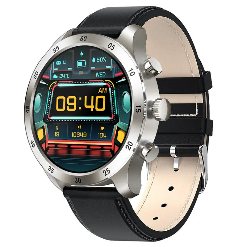 Black steel Bluetooth smart watch for iPhone with heart rate monitor on a wrist
