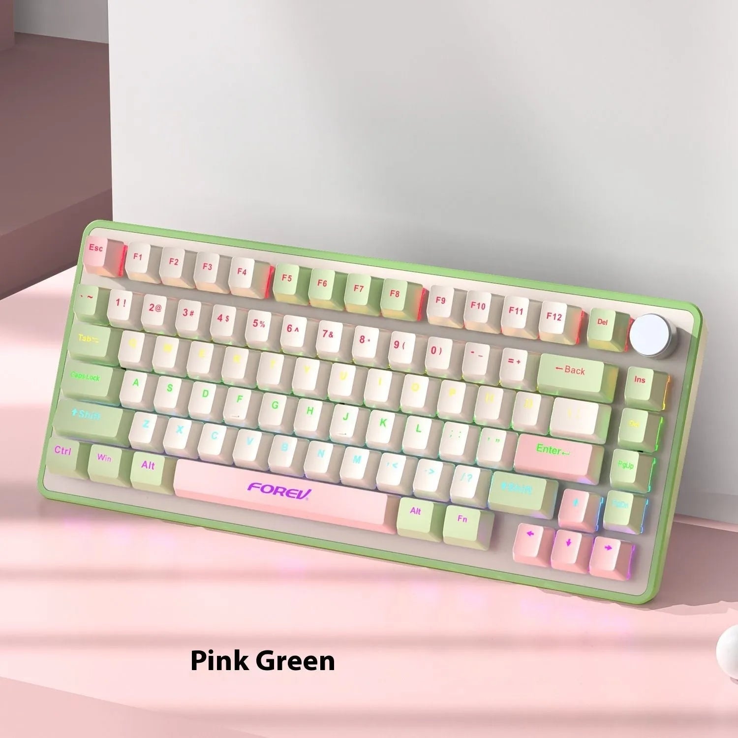 Custom mechanical keyboard and wireless mouse in selected colour option with backlight illumination.