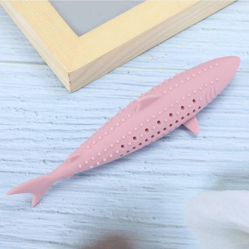 Green silicone fish-shaped cat chew toy with breathable side holes