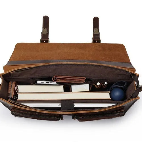Brown cowhide leather crossbody computer bag with anti-theft features for business use