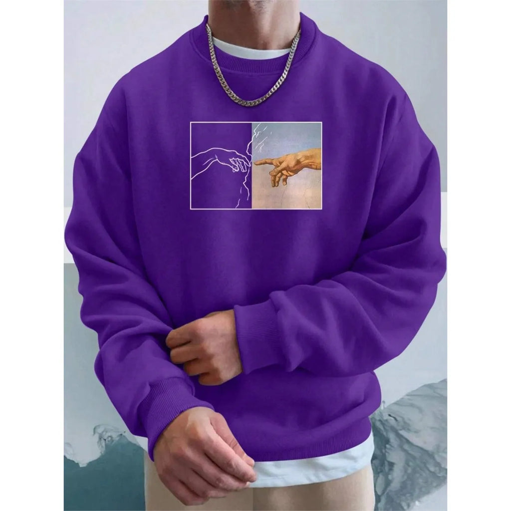 Men's hand printed sweatshirt long sleeve pullover polyester unisex top in white black blue purple