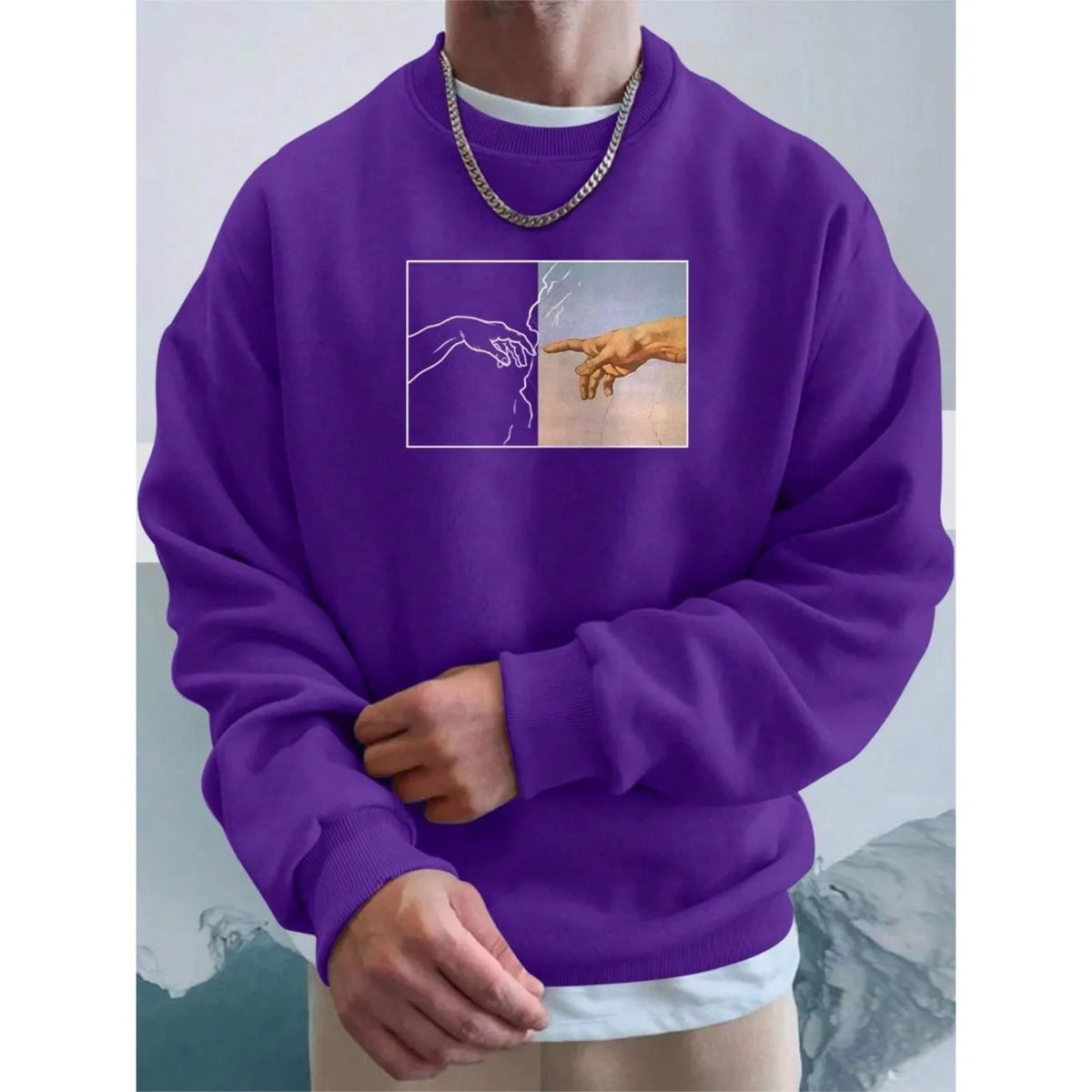 Men's hand printed sweatshirt long sleeve pullover polyester unisex top in white black blue purple