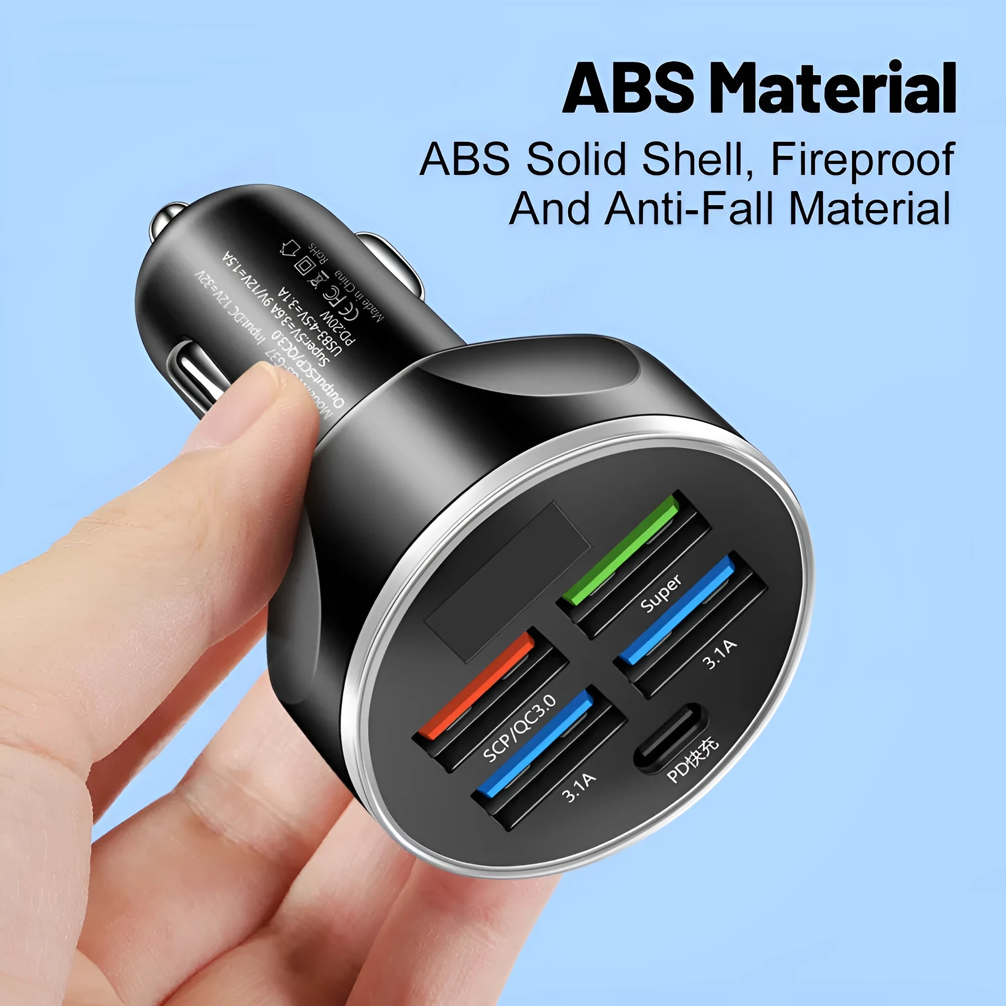 Black five-in-one car charger with digital display and multiple USB ports in a vehicle socket
