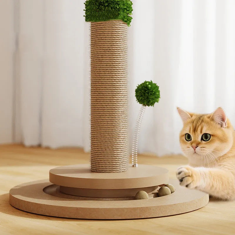 Vertical cat climbing frame with hemp rope scratching post and a square platform, in a natural canna colour.