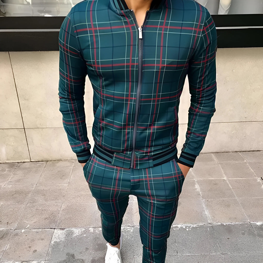Men's grid patchwork two-piece zipper tracksuit set in blue with stand-up collar and small leg trousers
