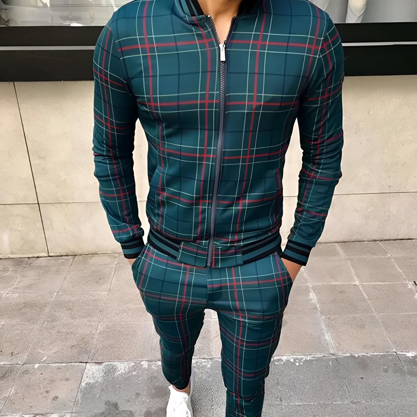 Men's grid patchwork two-piece zipper tracksuit set in blue with stand-up collar and small leg trousers