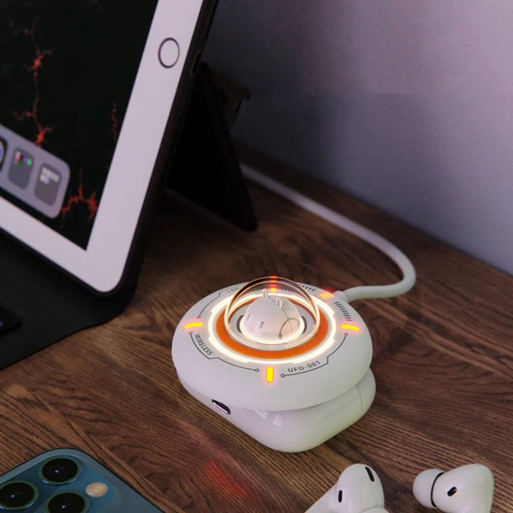 White MagSafe-compatible wireless charger with LED indicator and USB cable