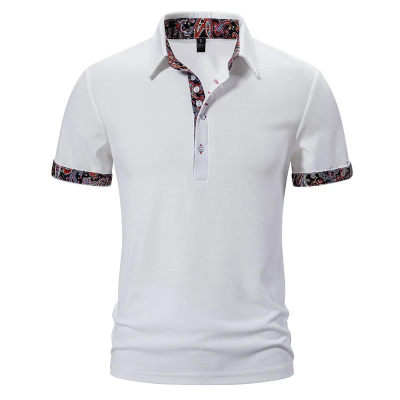 Men's navy blue polo shirt with a white-stitch detail on the turnover collar, short sleeves.