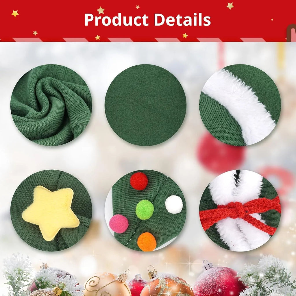 Cat Christmas cape with velvet stars hat in green, adjustable ties, side view on a cat