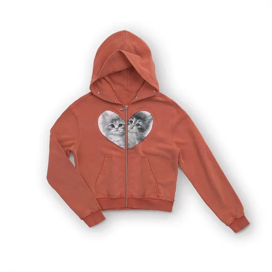 Cotton washed distressed love kitten stitching zipper hooded sweater cardigan in washed black, short length 40cm