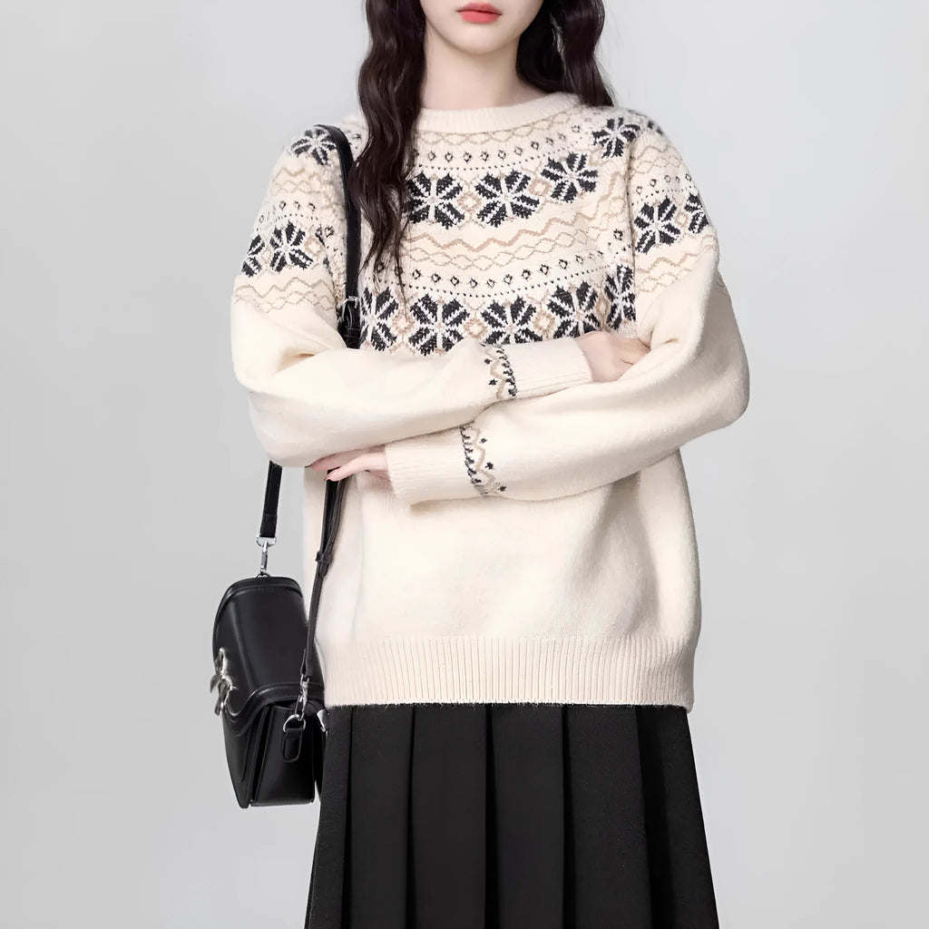 Milky white women's vintage Fair Isle geometric pattern pullover sweater with long sleeves.