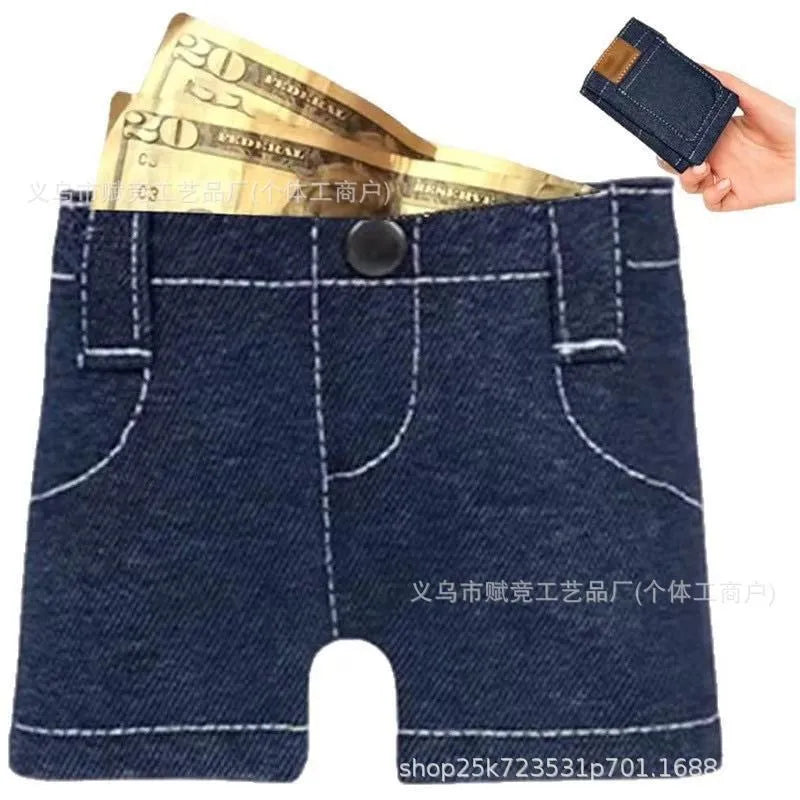 Foldable jeans shape coin purse in fabric material with American style design, jeans colour finish