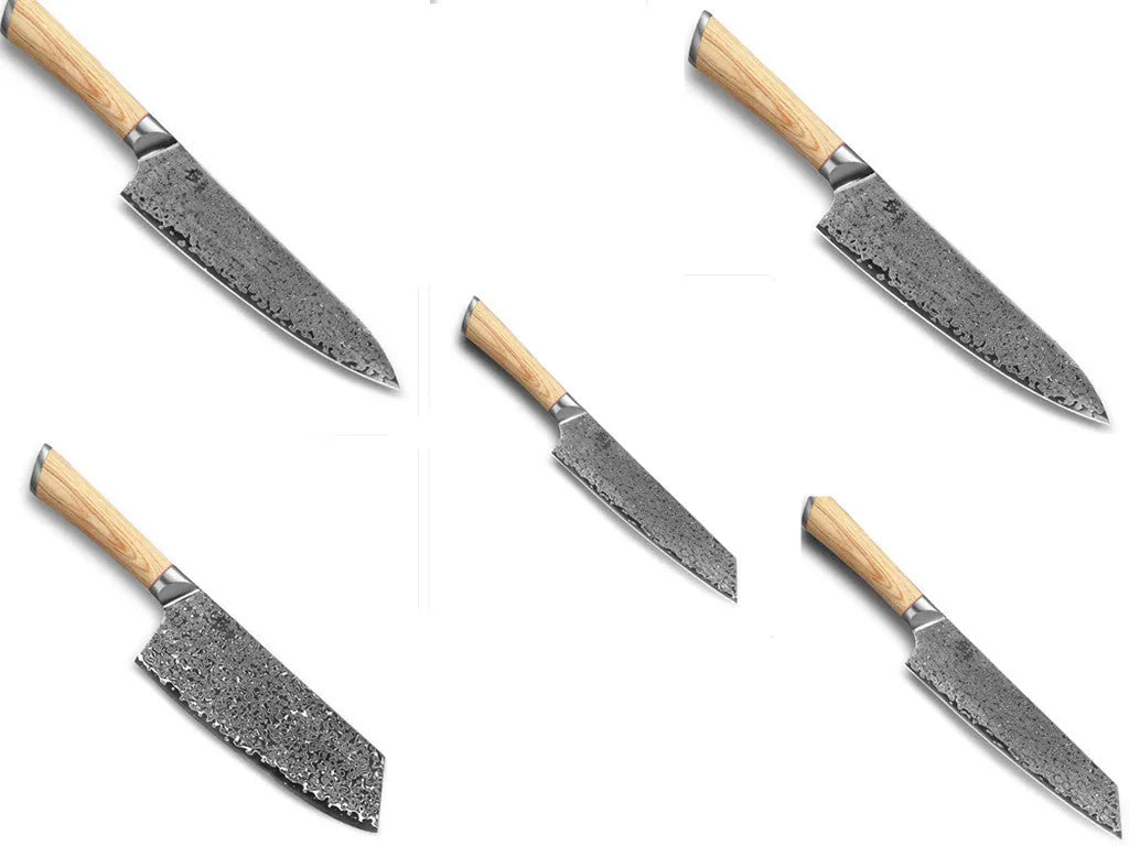Damascus pattern kitchen knife set with V gold steel core showing 67-layer folded construction