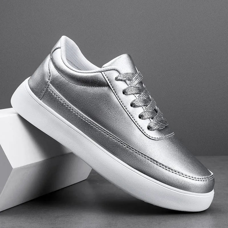 Women's flat casual leather shoes in gold, silver, or white with lace-up front.