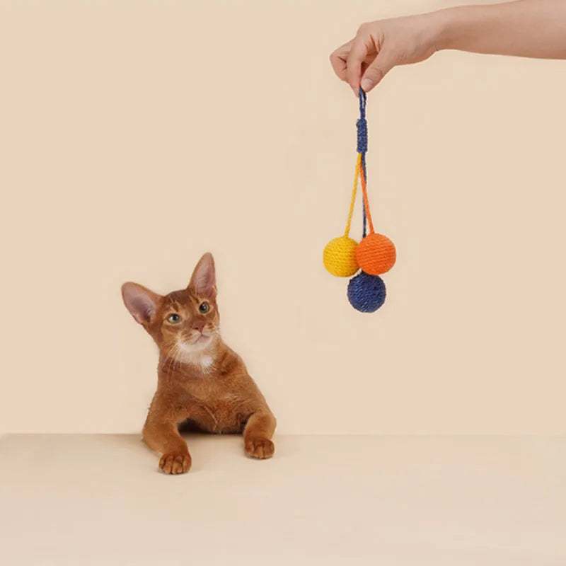 Cat toy set with teaser stick, catnip ball, and four interactive toys in blue, green, or red yellow blue colours