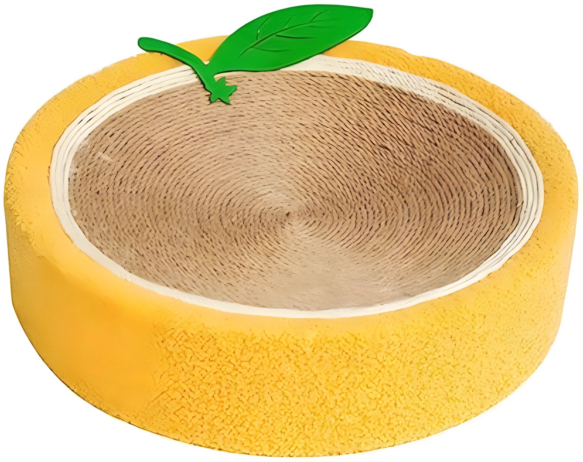 Round yellow sisal cat scratching board and bed for small indoor cats.